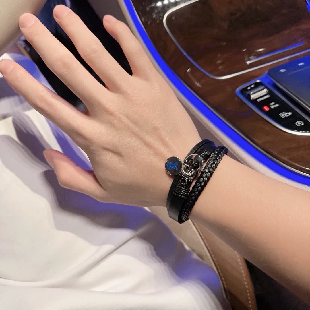 Louis Vuitton Black Leather Bracelet with Anchor Charm